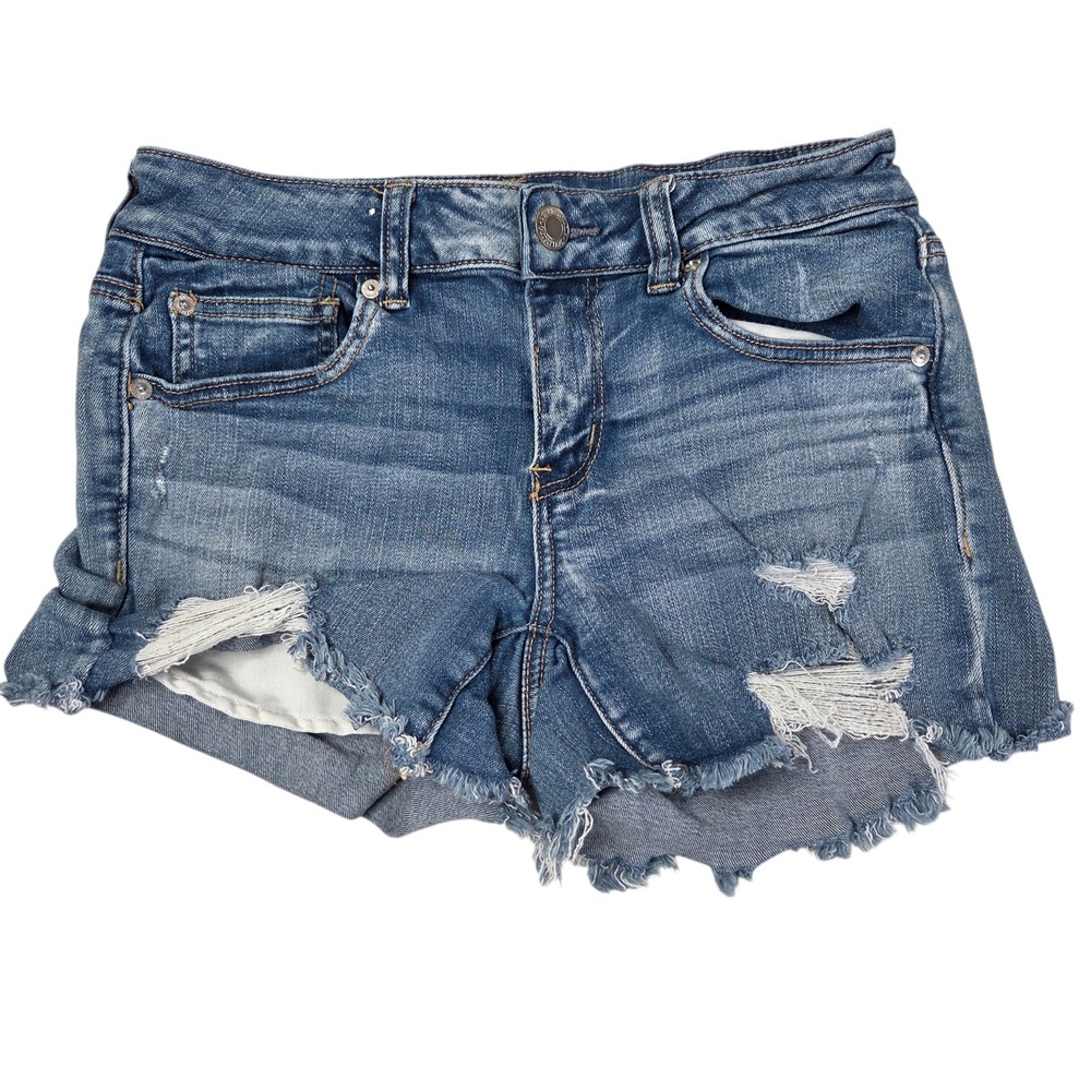 American Eagle Womens Blue Denim Shorts SZ 14 Distressed Raw Hem Summer Y2K Boho